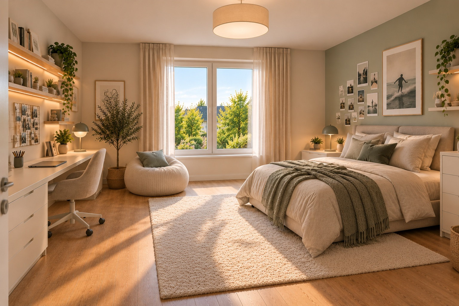 Helles Zimmer mit Schlaf- und Arbeitsbereich