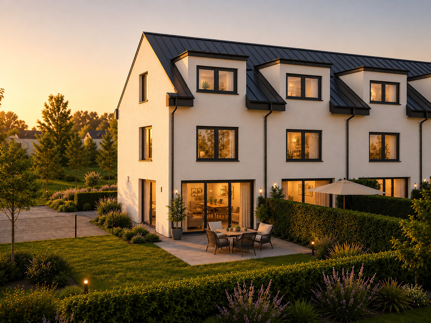 Visualisierung moderner Reihenhäuser mit Terrassen und Garten im warmen Abendlicht