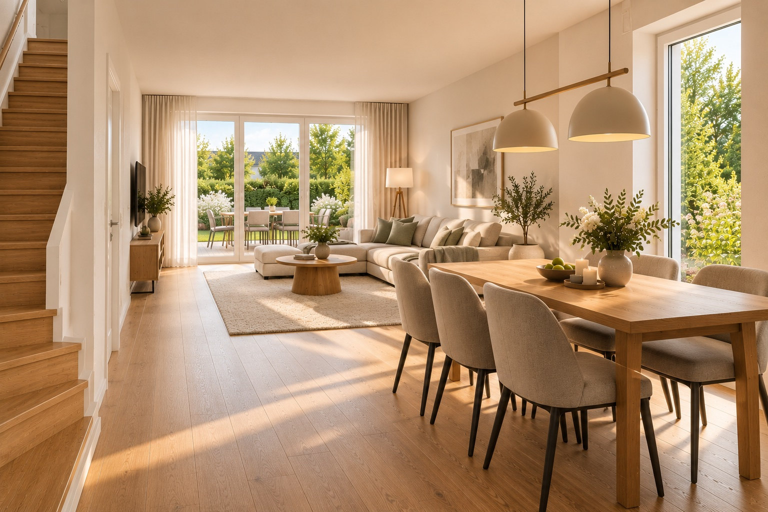 Helles Wohnzimmer mit Essplatz, bodentiefen Fenstern und Zugang zum Garten – Visualisierung